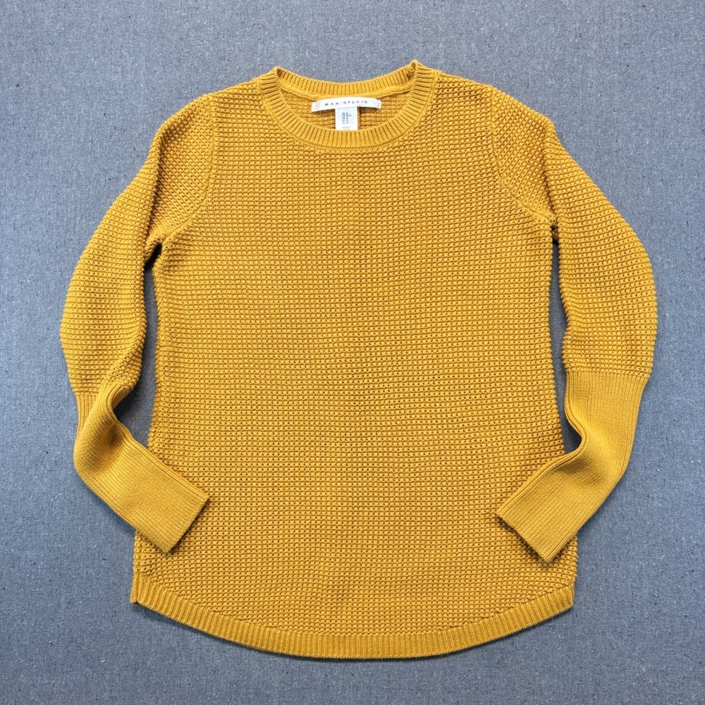 Max Studio Mustard Yellow Waffle Knit Back-Button Sweater Women's M Earth Tone